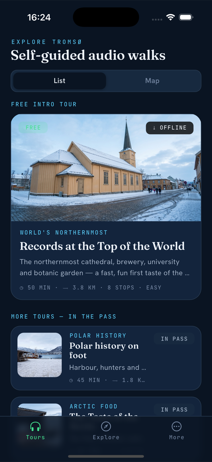 Explore Tromsø app — home screen with the free intro tour