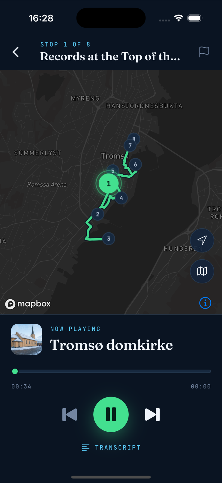 Explore Tromsø app — audio player with route map